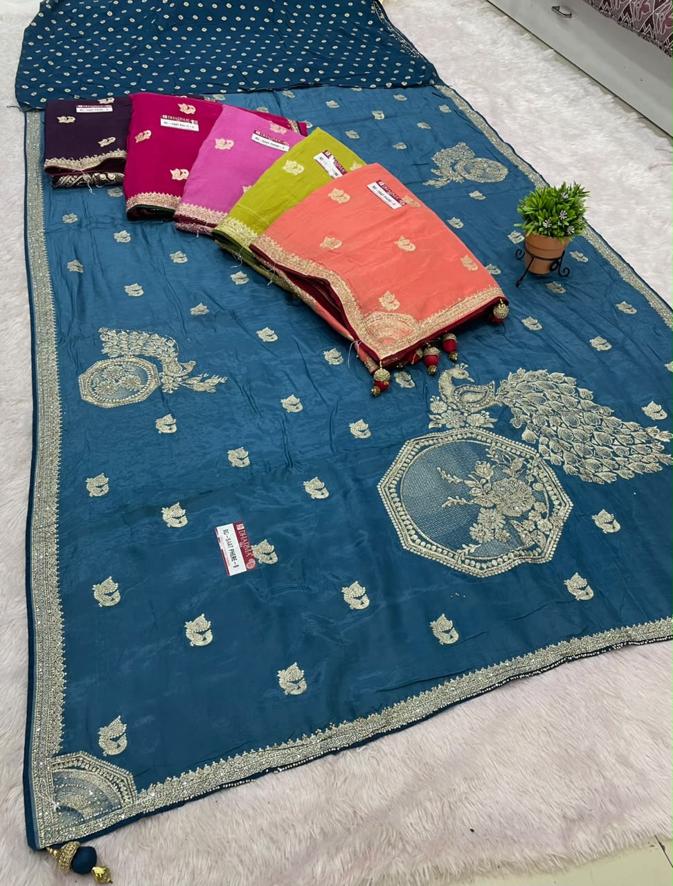 RD-SAAT PHERE-9 VISCOS SILK FABRIC SAREE WITH JARKAN WORK WITH BEAUTIFUL PEACOCK DESIGN ON BODY WITH PIPING AND LATKAN WITH BLOUSE