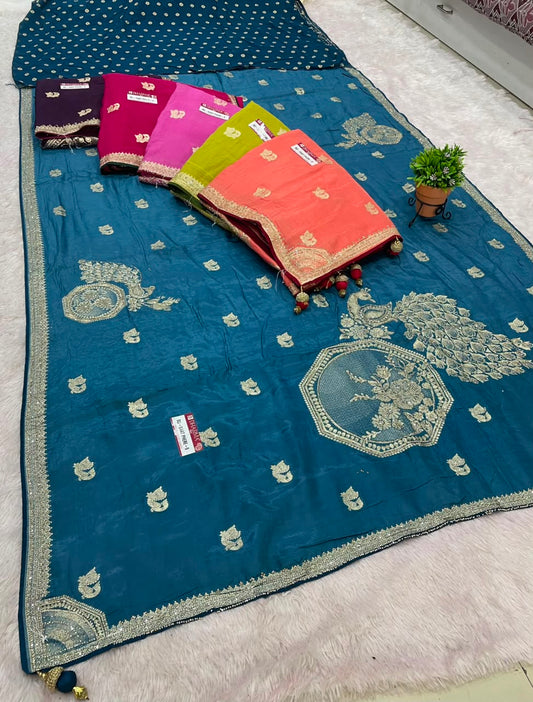 RD-SAAT PHERE-9 VISCOS SILK FABRIC SAREE WITH JARKAN WORK WITH BEAUTIFUL PEACOCK DESIGN ON BODY WITH PIPING AND LATKAN WITH BLOUSE