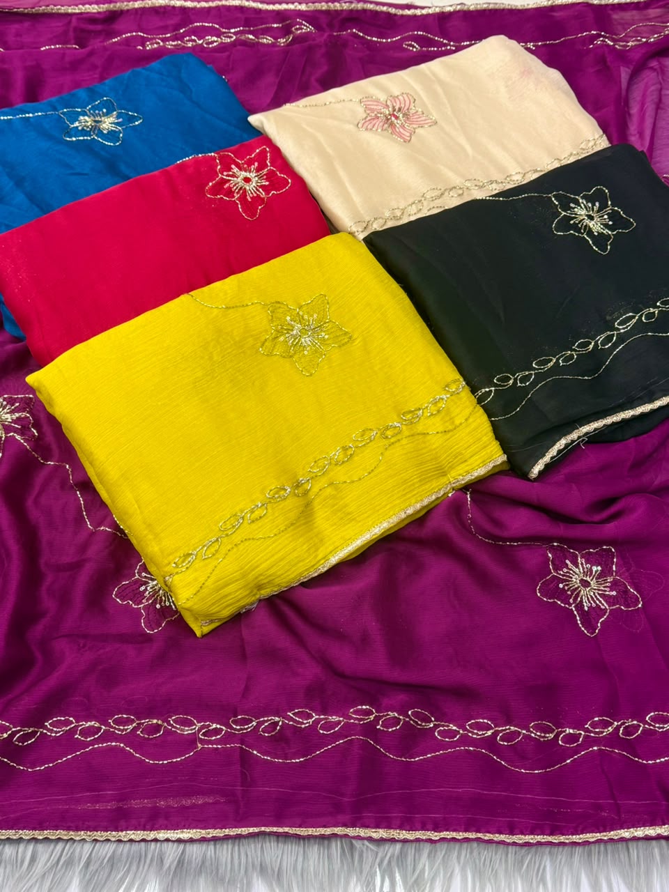 NN-2177 FENDI FABRIC SAREE WITH HANDWORK WITH BEADSWORK WITH SEQUENCE WORK WITH CONTRAST BLOUSE