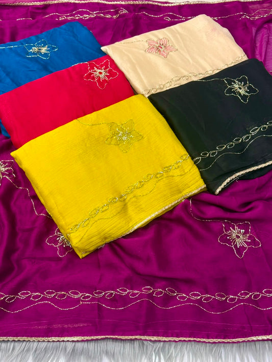 NN-2177 FENDI FABRIC SAREE WITH HANDWORK WITH BEADSWORK WITH SEQUENCE WORK WITH CONTRAST BLOUSE
