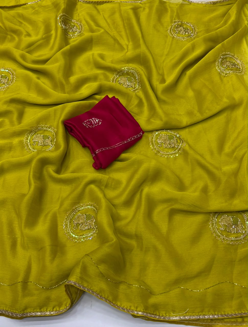 NN-2177 FENDI FABRIC SAREE WITH HANDWORK WITH BEADSWORK WITH SEQUENCE WORK WITH CONTRAST BLOUSE