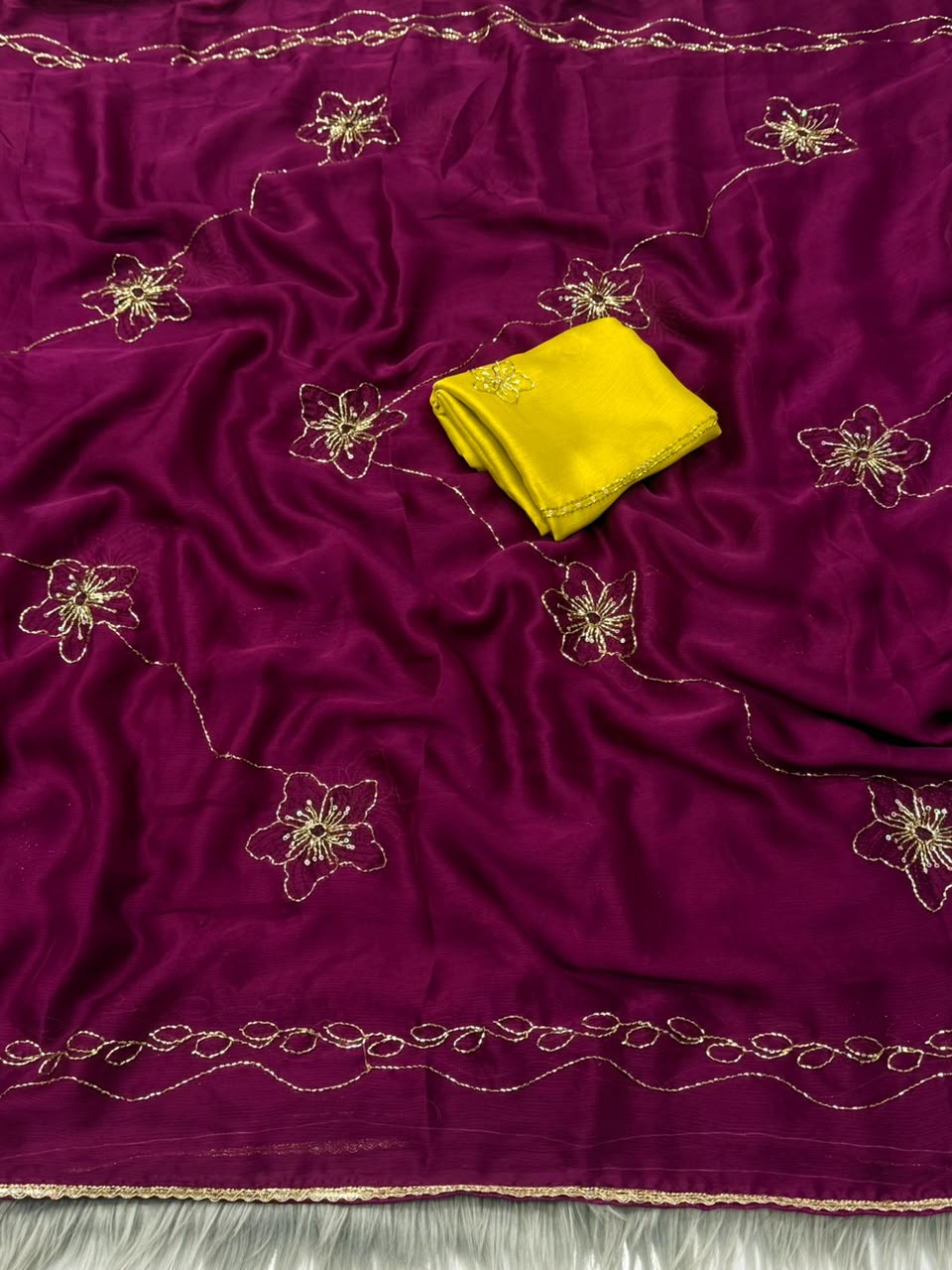 NN-2177 FENDI FABRIC SAREE WITH HANDWORK WITH BEADSWORK WITH SEQUENCE WORK WITH CONTRAST BLOUSE