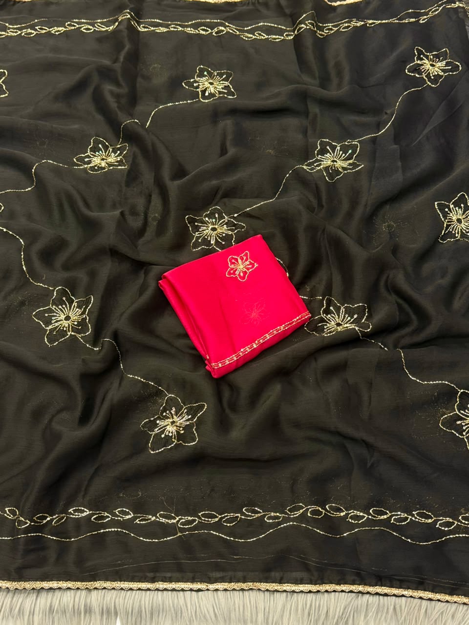 NN-2177 FENDI FABRIC SAREE WITH HANDWORK WITH BEADSWORK WITH SEQUENCE WORK WITH CONTRAST BLOUSE