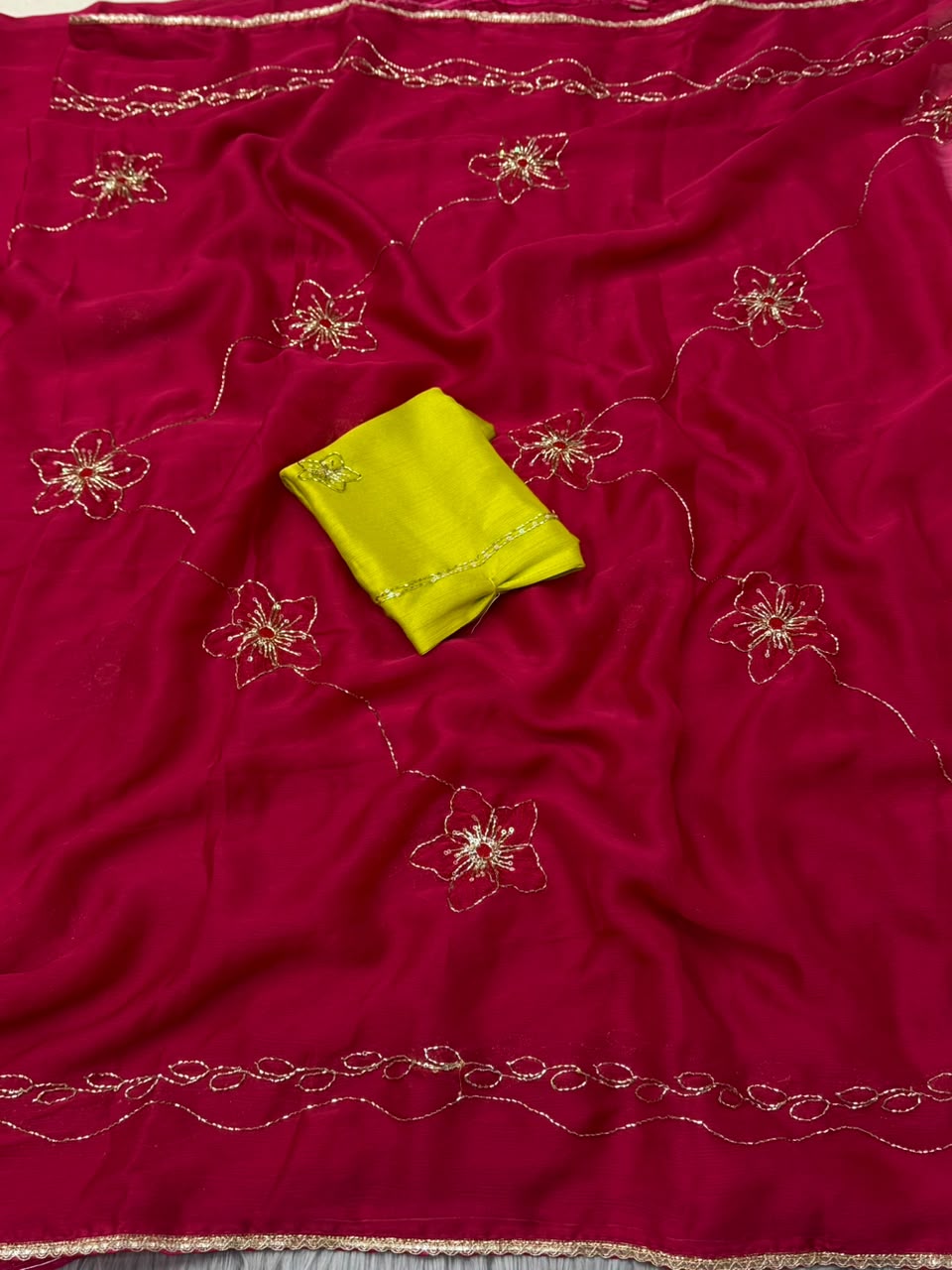 NN-2177 FENDI FABRIC SAREE WITH HANDWORK WITH BEADSWORK WITH SEQUENCE WORK WITH CONTRAST BLOUSE