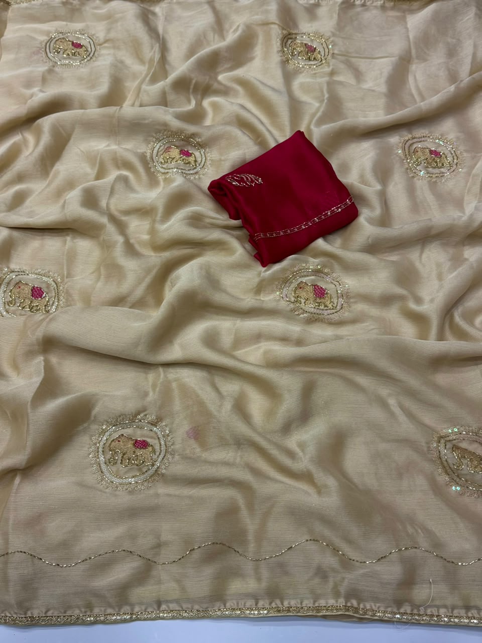 NN-2179 FENDI FABRIC SAREE WITH BEADS WORK WITH HANDWORK WITH SEQUENCE WORK WITH CONTRAST WORK BLOUSE