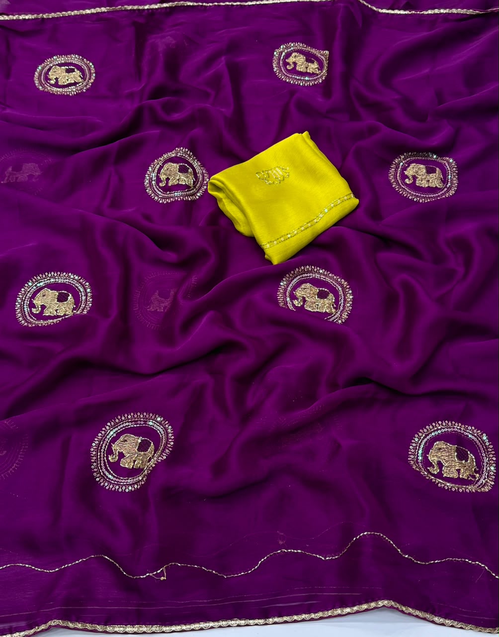 NN-2179 FENDI FABRIC SAREE WITH BEADS WORK WITH HANDWORK WITH SEQUENCE WORK WITH CONTRAST WORK BLOUSE