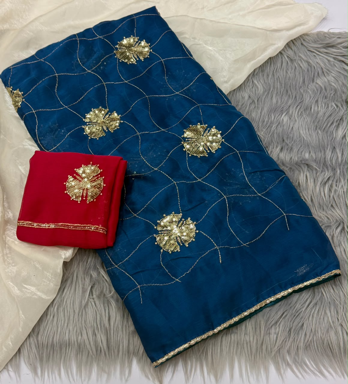 NN-2180 FENDI FABRIC SAREE WITH BEAUTIFUL DESIGN WITH HANDWORK WITH SEQUIENCE WORK WITH CONTRAST WORK BLOUSE