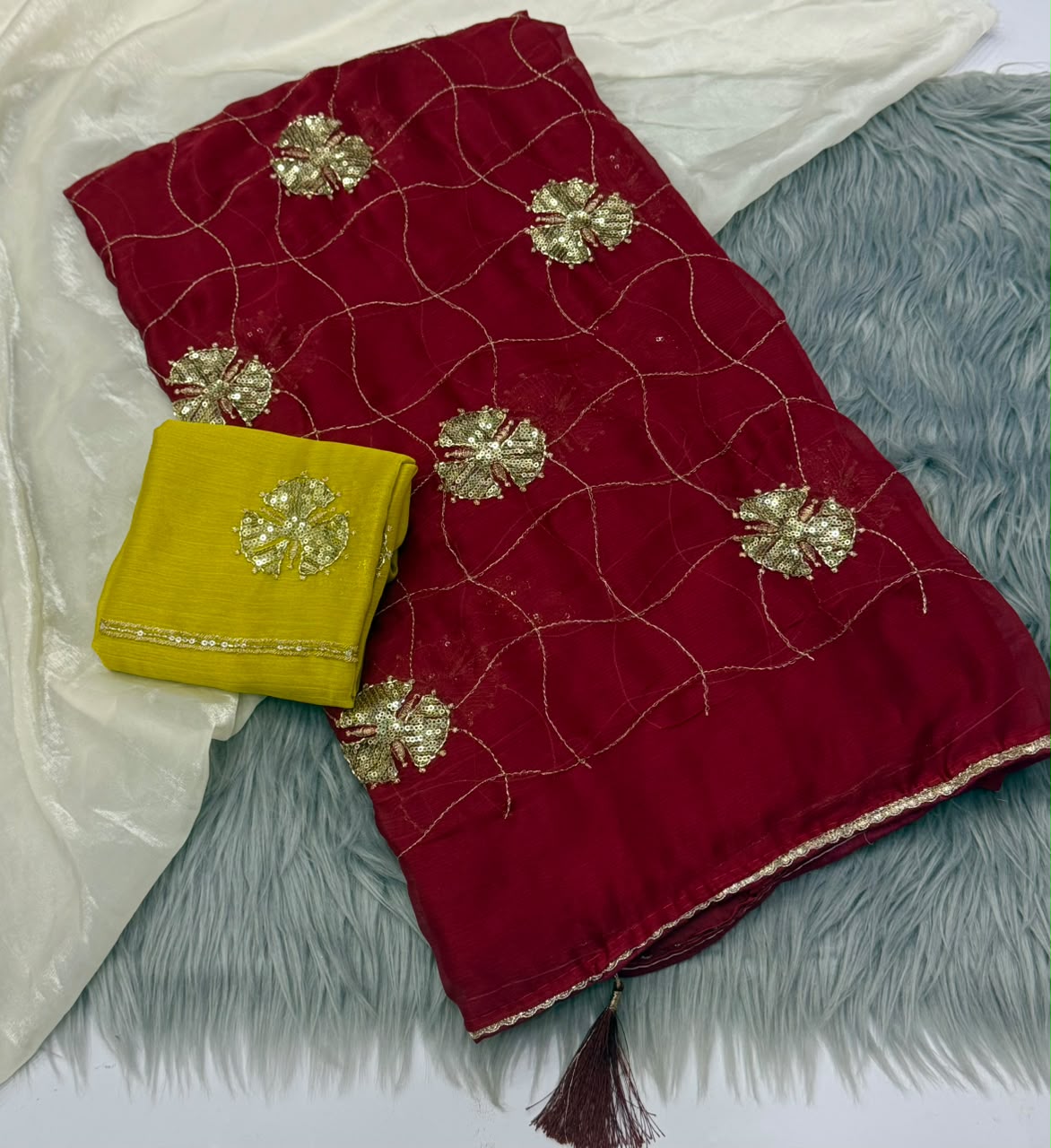 NN-2180 FENDI FABRIC SAREE WITH BEAUTIFUL DESIGN WITH HANDWORK WITH SEQUIENCE WORK WITH CONTRAST WORK BLOUSE