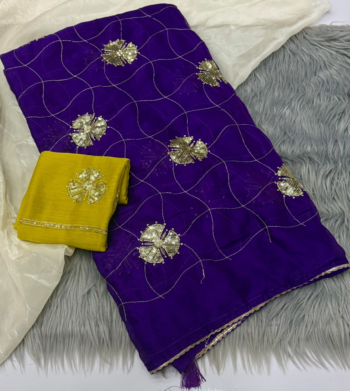 NN-2180 FENDI FABRIC SAREE WITH BEAUTIFUL DESIGN WITH HANDWORK WITH SEQUIENCE WORK WITH CONTRAST WORK BLOUSE