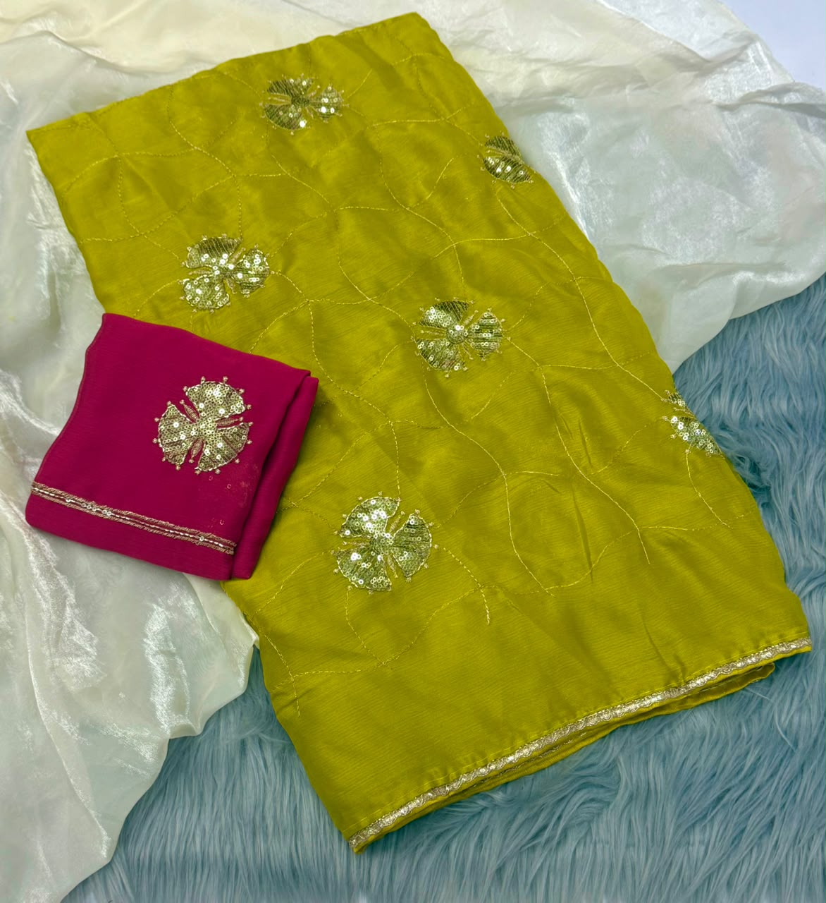 NN-2180 FENDI FABRIC SAREE WITH BEAUTIFUL DESIGN WITH HANDWORK WITH SEQUIENCE WORK WITH CONTRAST WORK BLOUSE