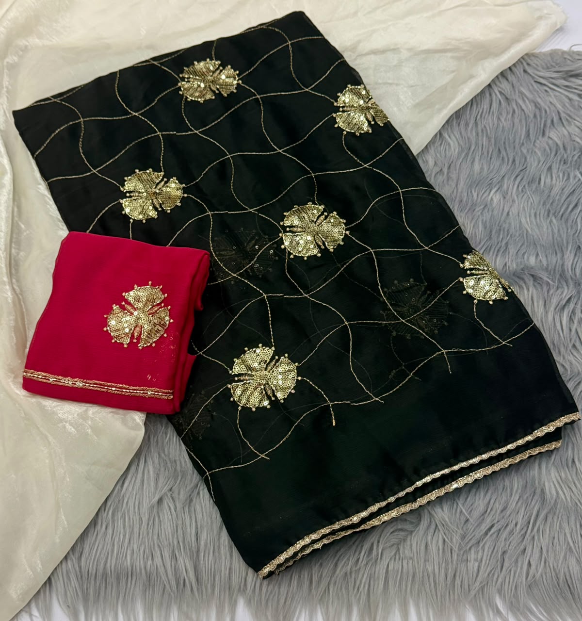NN-2180 FENDI FABRIC SAREE WITH BEAUTIFUL DESIGN WITH HANDWORK WITH SEQUIENCE WORK WITH CONTRAST WORK BLOUSE