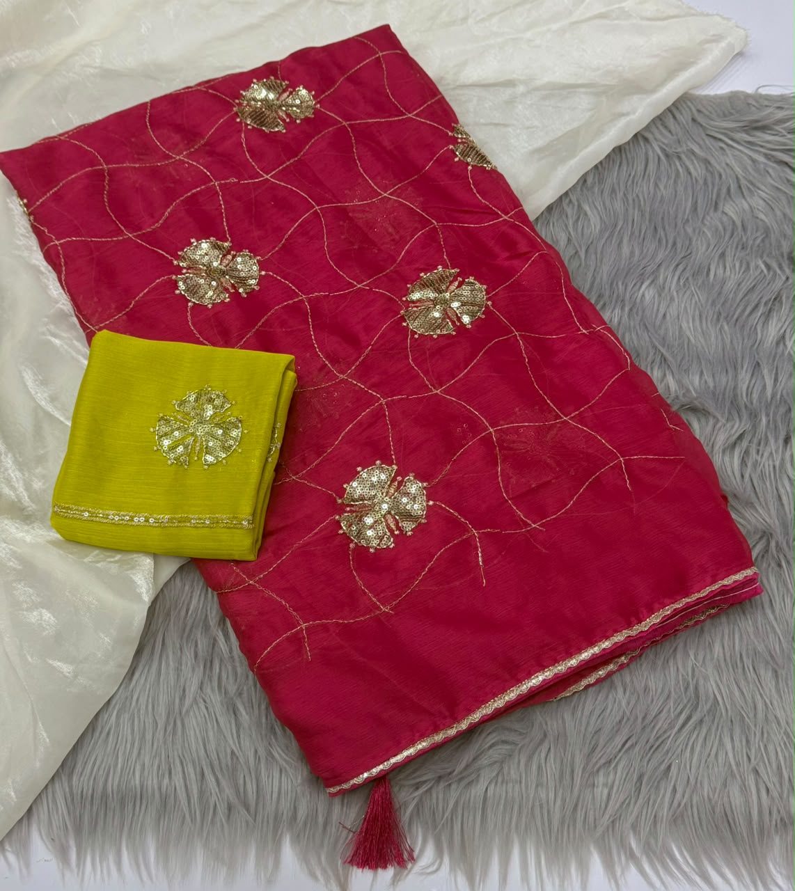 NN-2180 FENDI FABRIC SAREE WITH BEAUTIFUL DESIGN WITH HANDWORK WITH SEQUIENCE WORK WITH CONTRAST WORK BLOUSE