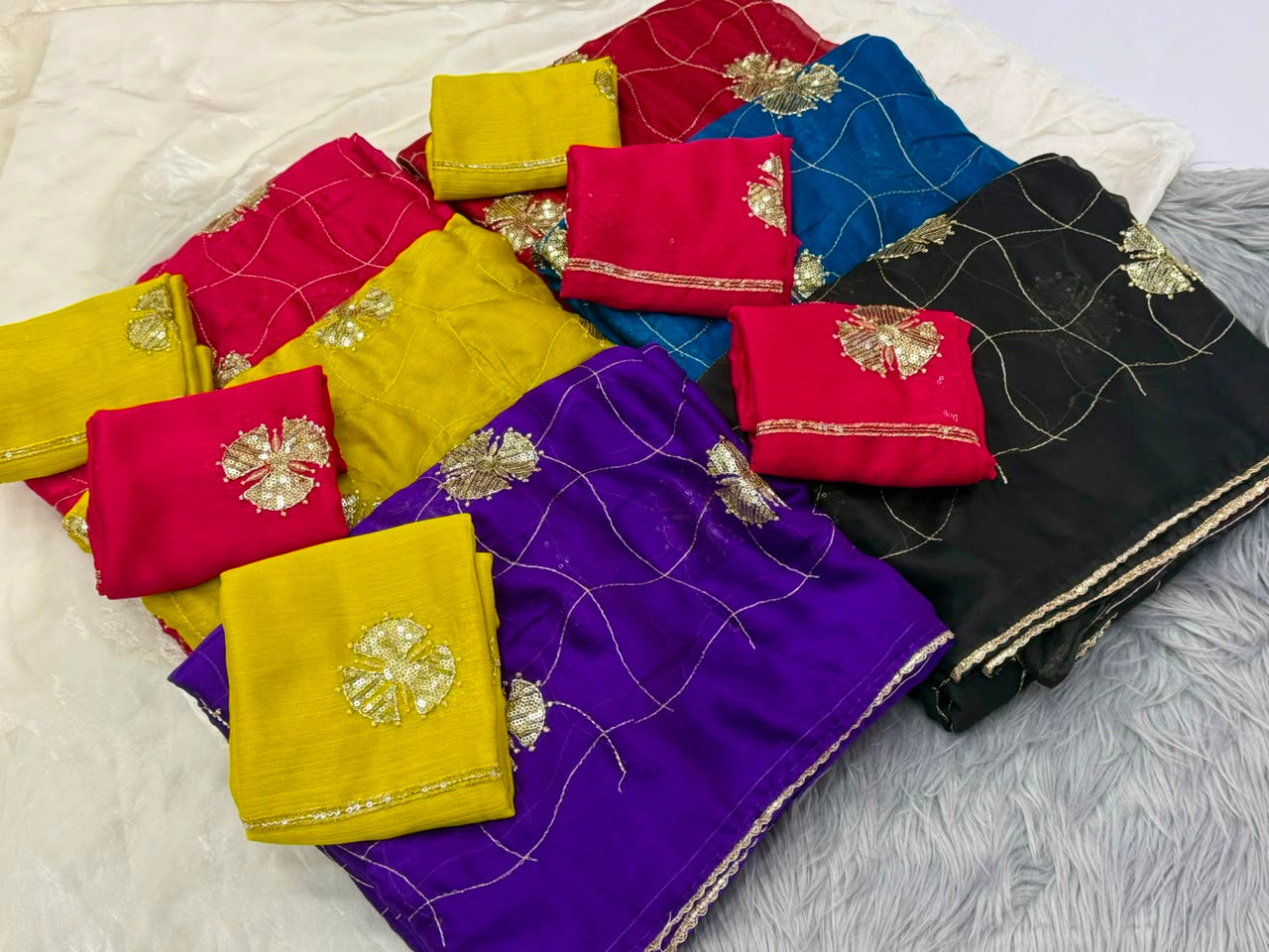 NN-2180 FENDI FABRIC SAREE WITH BEAUTIFUL DESIGN WITH HANDWORK WITH SEQUIENCE WORK WITH CONTRAST WORK BLOUSE