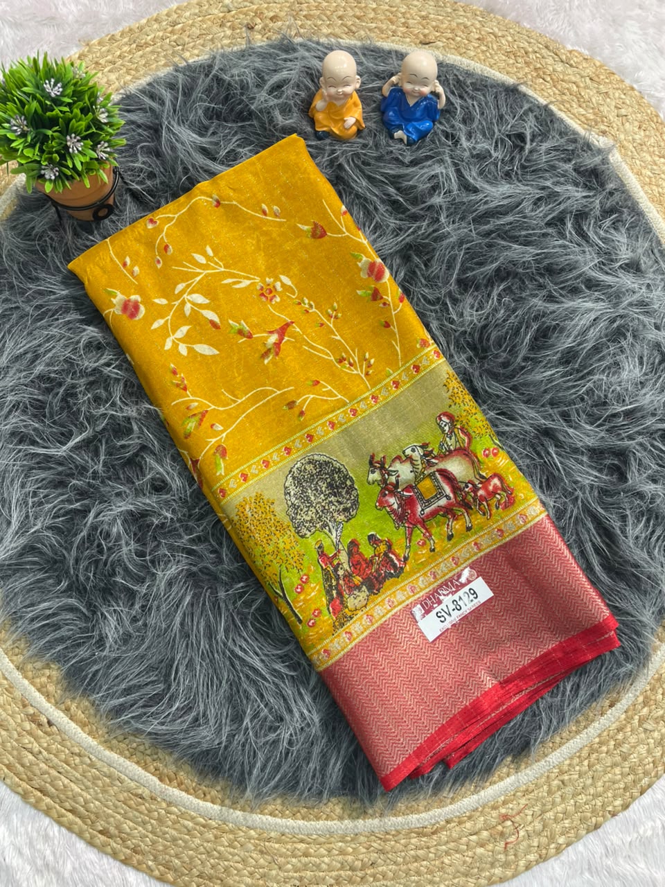 SV-8129 DOLA RIKO FABRIC SAREE WITH BEAUTIFUL PALLU ON DESIGN WITH FLORAL PRINT ON BODY WITH BLOUSE