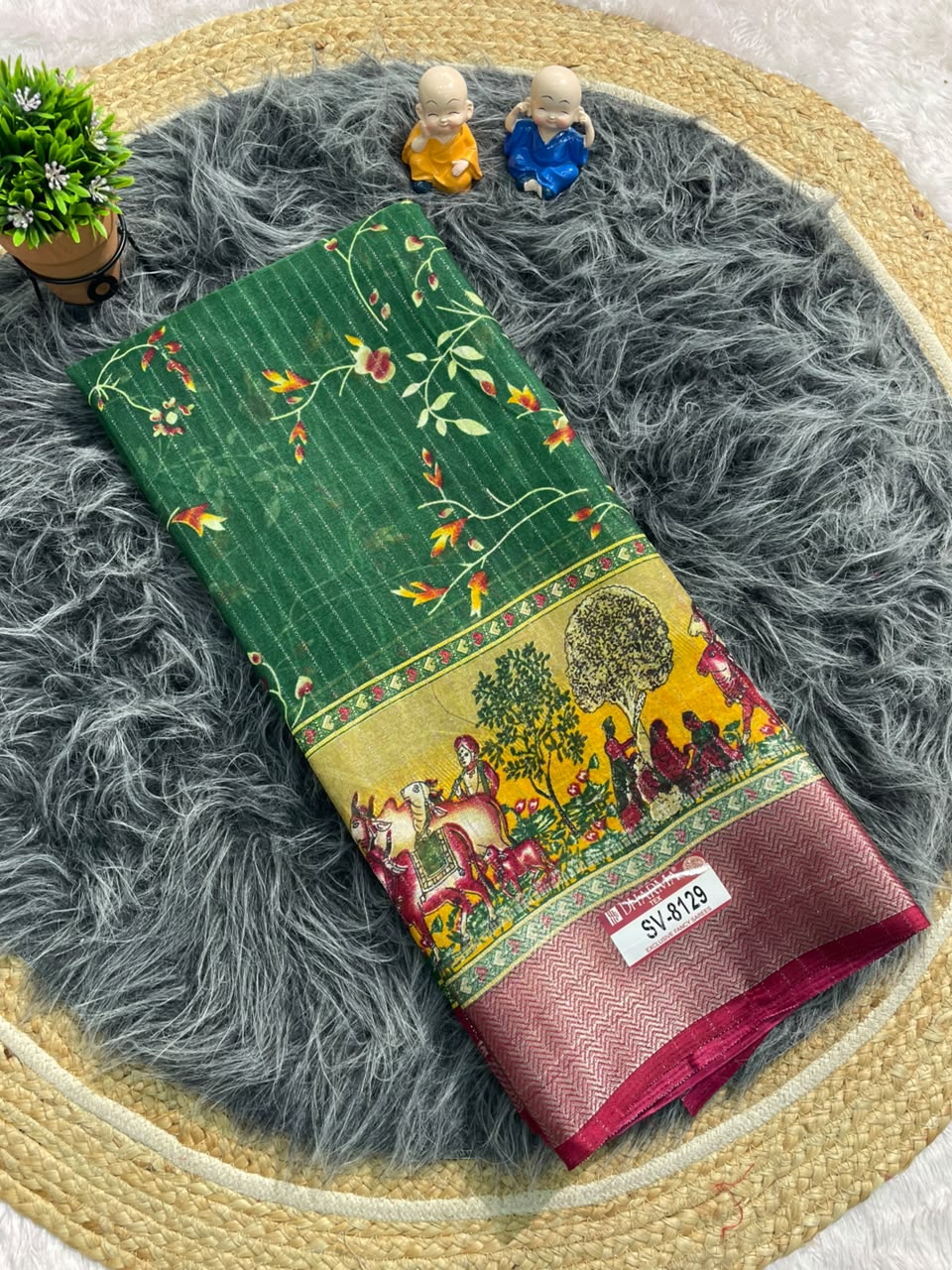 SV-8129 DOLA RIKO FABRIC SAREE WITH BEAUTIFUL PALLU ON DESIGN WITH FLORAL PRINT ON BODY WITH BLOUSE