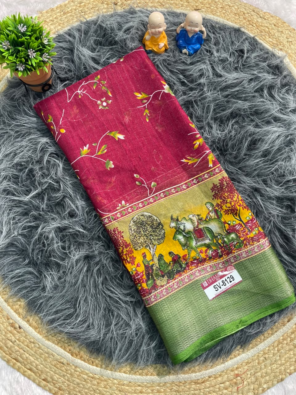 SV-8129 DOLA RIKO FABRIC SAREE WITH BEAUTIFUL PALLU ON DESIGN WITH FLORAL PRINT ON BODY WITH BLOUSE