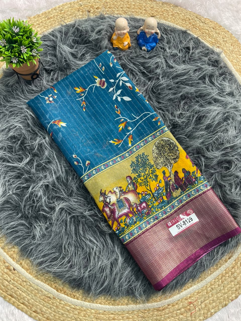 SV-8129 DOLA RIKO FABRIC SAREE WITH BEAUTIFUL PALLU ON DESIGN WITH FLORAL PRINT ON BODY WITH BLOUSE