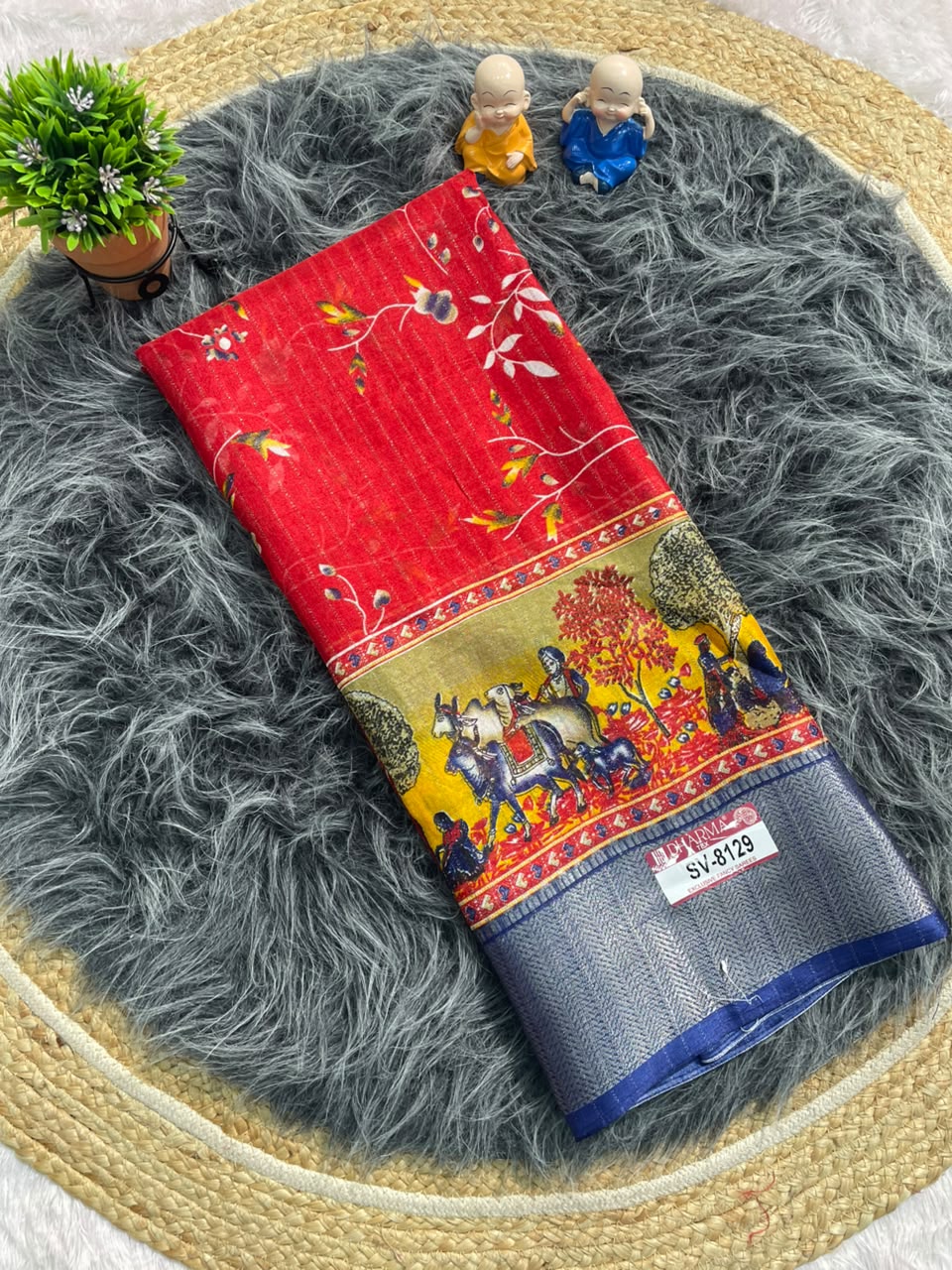 SV-8129 DOLA RIKO FABRIC SAREE WITH BEAUTIFUL PALLU ON DESIGN WITH FLORAL PRINT ON BODY WITH BLOUSE