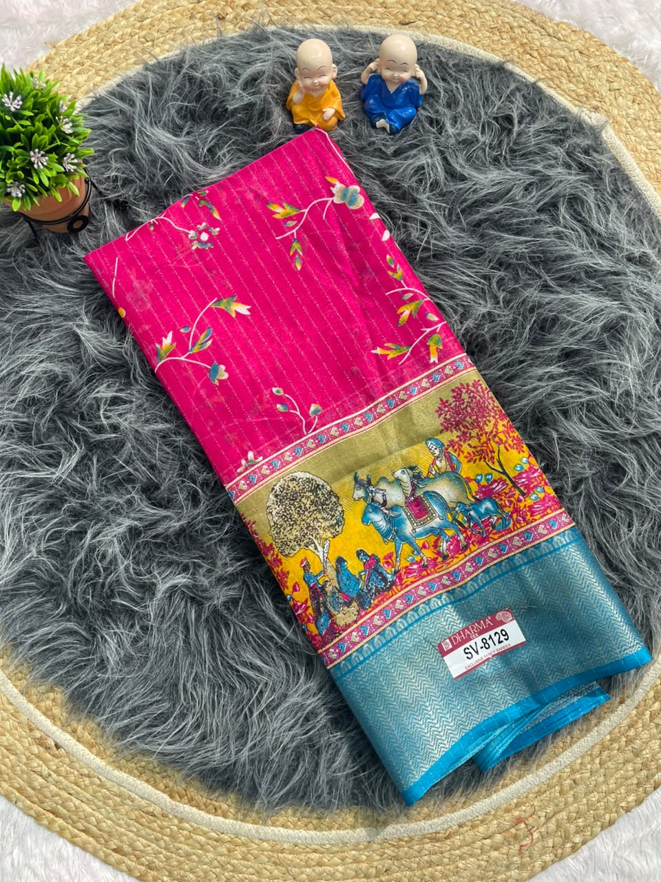 SV-8129 DOLA RIKO FABRIC SAREE WITH BEAUTIFUL PALLU ON DESIGN WITH FLORAL PRINT ON BODY WITH BLOUSE