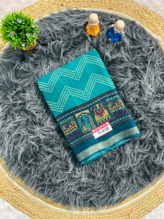 SV-8128 MAL COTTON FABRIC SAREE WITH BEAUTIFUL PRINT ON SAREE WITH RICH PALLU DESIGN WITH JODA DESIGN PALLU AND BORDER WITH BLOUSE