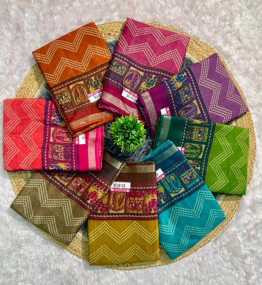 SV-8128 MAL COTTON FABRIC SAREE WITH BEAUTIFUL PRINT ON SAREE WITH RICH PALLU DESIGN WITH JODA DESIGN PALLU AND BORDER WITH BLOUSE