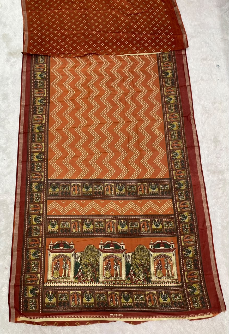 SV-8128 MAL COTTON FABRIC SAREE WITH BEAUTIFUL PRINT ON SAREE WITH RICH PALLU DESIGN WITH JODA DESIGN PALLU AND BORDER WITH BLOUSE