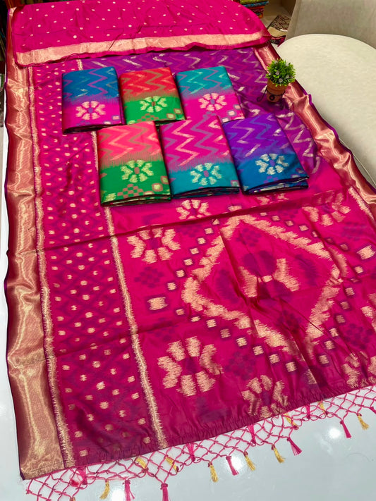 AJ-ATITHI SOFT SILK FABRIC SAREE WITH BEAUTIFUL RICH PALLU DESIGN WITH IKKAT PATOLA TEST DESIGN WITH TASSELS WITH BLOUSE