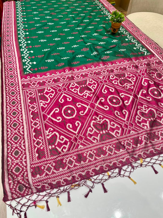 AJ-ANSHU SOFT SILK FABRIC SAREE WITH RICH PALLU DESIGN WITH IKKAT PATOLA TEST DESIGN WITH TASSELS WITH BLOUSE