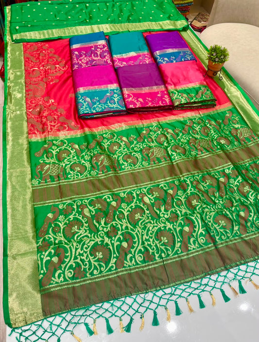 AJ-SHREELAXMI SOFT SILK FABRIC SAREE WITH BEAUTIFUL RICH PALLU DESIGN WITH IKKAT PATOLA TEST DESIGN WITH TASSELS WITH BLOUSE