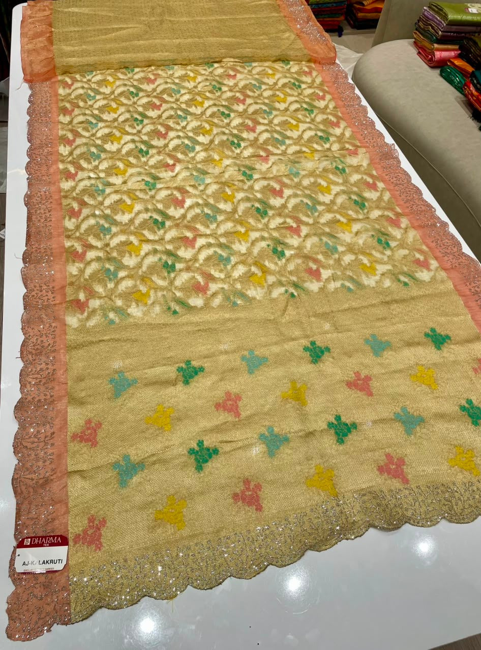AJ-KALAKRUTI-CATLOGUE A STUNNING FANCY FABRIC SAREE FEATURING RICH MULTI-COLOUR WEAVING, HEAVY SCALLOPED CUTWORK BORDER WITH PREMIUM SIROSKI WORK, AND A BEAUTIFULLY DESIGNED MULTI-COLOUR RICH PALLU, PAIRED WITH A MATCHING BLOUSE PIECE