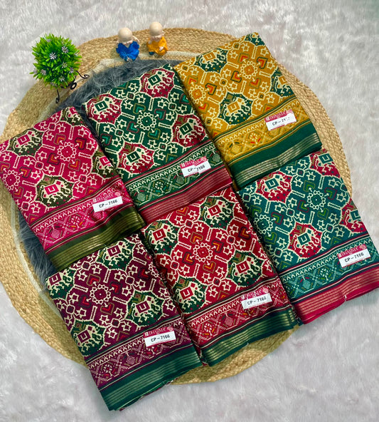 CP-7166 MAL COTTON FABRIC SAREE WITH BEAUTIFUL DESIGN WITH BEAUTUFUL PATOLA PRINT ALL OVER ON SAREE WITH BLOUSE