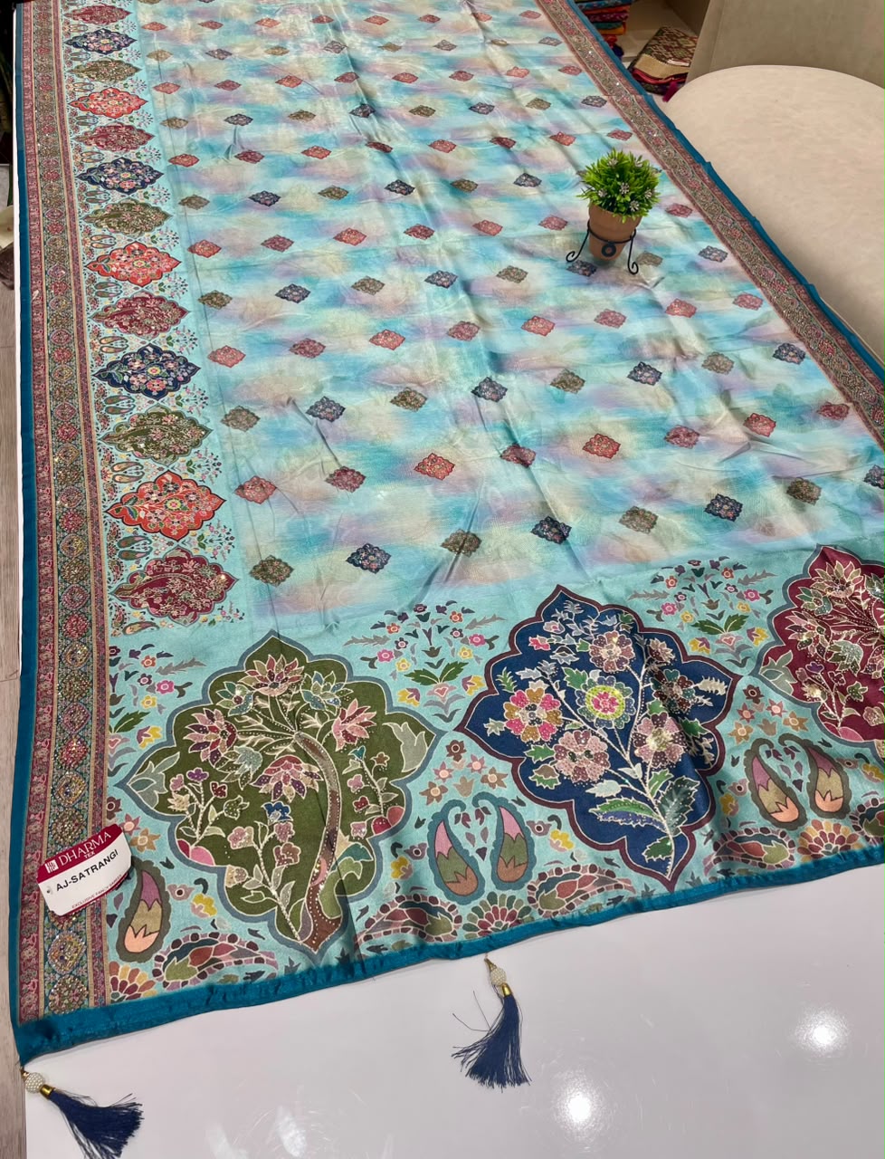 AJ-SATRANGI FANCY FABRIC SAREE WITH OPEEN PALLU DESIGN WITH BEAUTIFUL FLORAL DESIGN WITH DMC SIROSKI WORK WITH PIPING AND LATKAN WITH BLOUSE