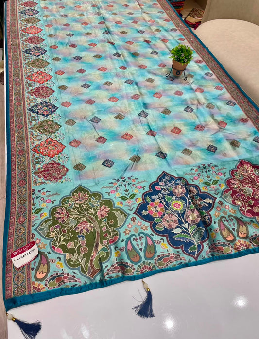 AJ-SATRANGI FANCY FABRIC SAREE WITH OPEEN PALLU DESIGN WITH BEAUTIFUL FLORAL DESIGN WITH DMC SIROSKI WORK WITH PIPING AND LATKAN WITH BLOUSE