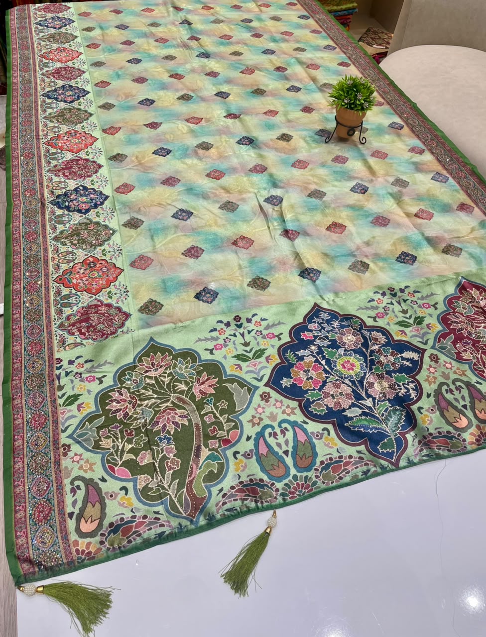 AJ-SATRANGI FANCY FABRIC SAREE WITH OPEEN PALLU DESIGN WITH BEAUTIFUL FLORAL DESIGN WITH DMC SIROSKI WORK WITH PIPING AND LATKAN WITH BLOUSE