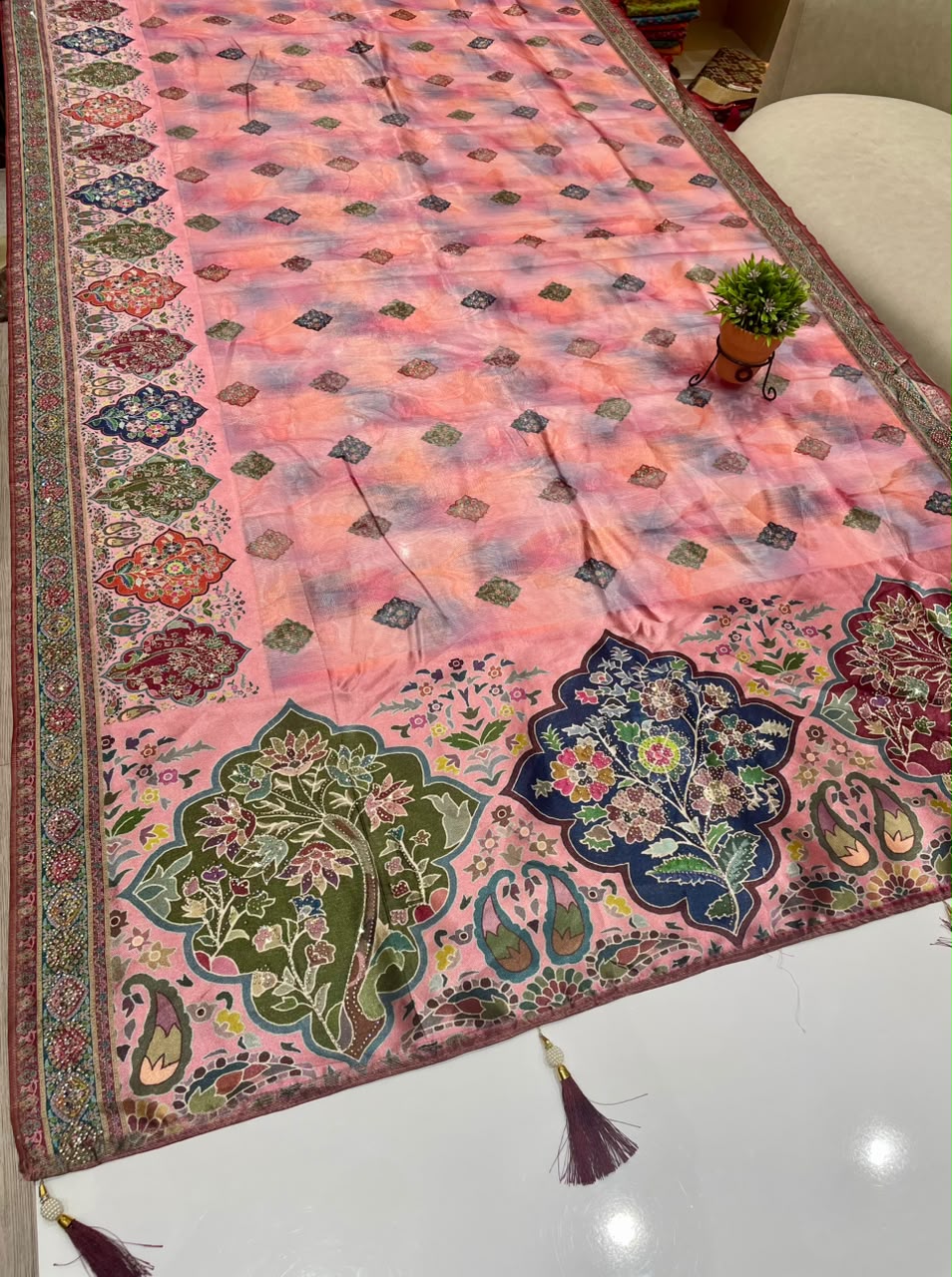 AJ-SATRANGI FANCY FABRIC SAREE WITH OPEEN PALLU DESIGN WITH BEAUTIFUL FLORAL DESIGN WITH DMC SIROSKI WORK WITH PIPING AND LATKAN WITH BLOUSE
