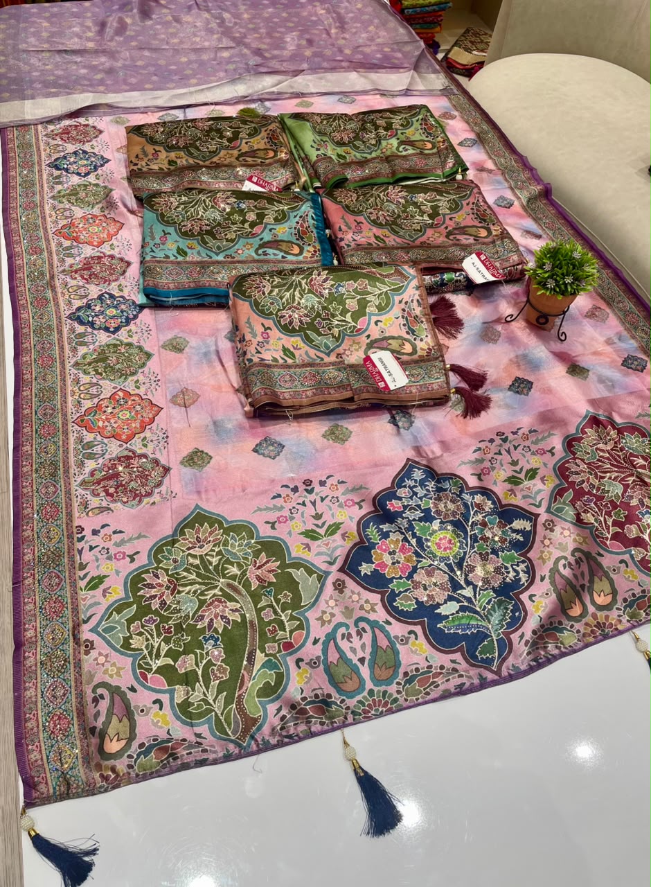 AJ-SATRANGI FANCY FABRIC SAREE WITH OPEEN PALLU DESIGN WITH BEAUTIFUL FLORAL DESIGN WITH DMC SIROSKI WORK WITH PIPING AND LATKAN WITH BLOUSE