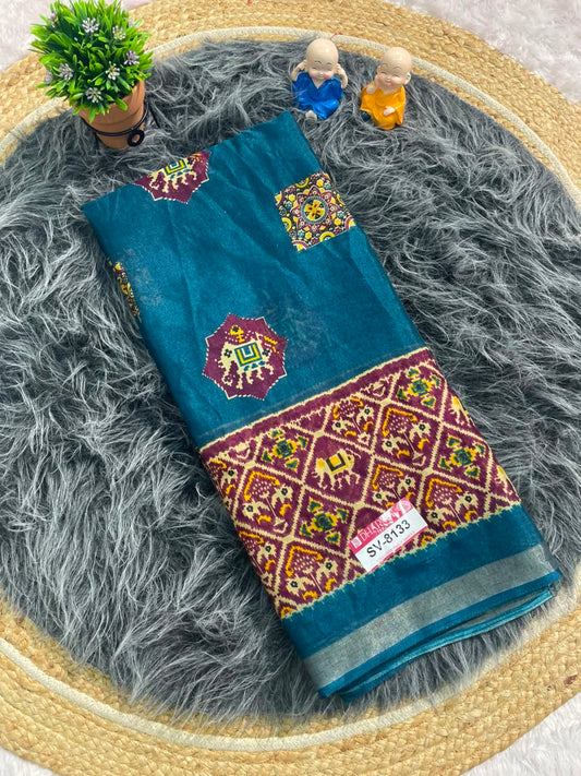 SV-8133 MAL COTTON FABRIC SAREE WITH RICH PALLU DESIGN WITH BEAUTIFUL PRINT WITH BLOUSE