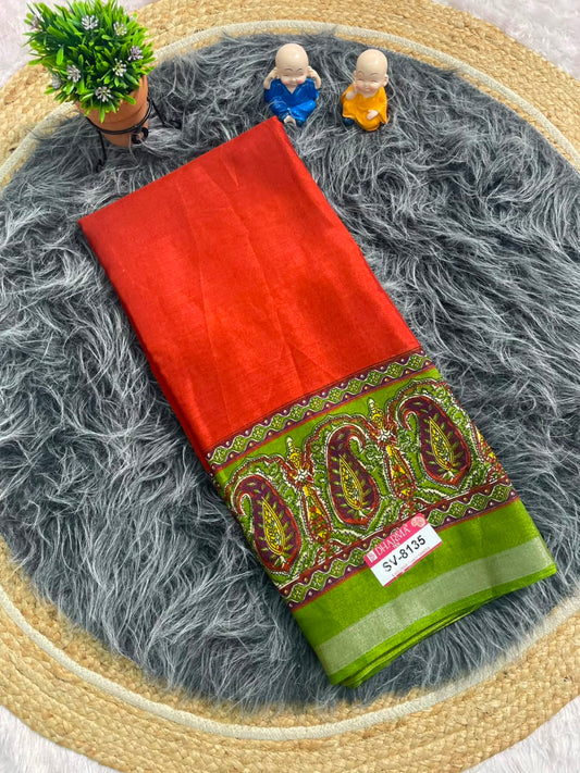 SV-8135 MAL COTTON FABRIC SAREE WITH RICH PALLU DESIGN WITH BEAUTIFUL CARRY DESIGN WITH BLOUSE