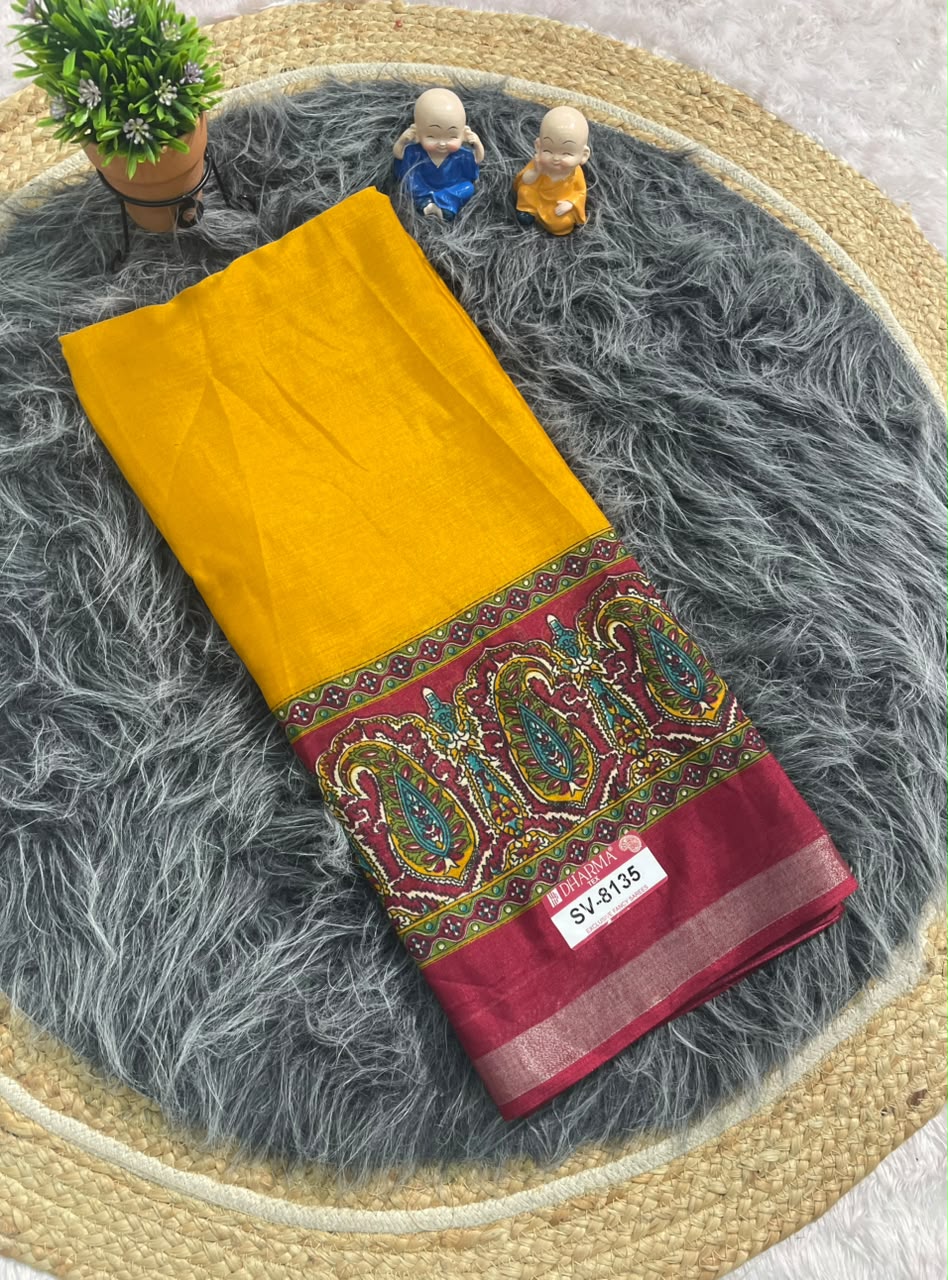 SV-8135 MAL COTTON FABRIC SAREE WITH RICH PALLU DESIGN WITH BEAUTIFUL CARRY DESIGN WITH BLOUSE