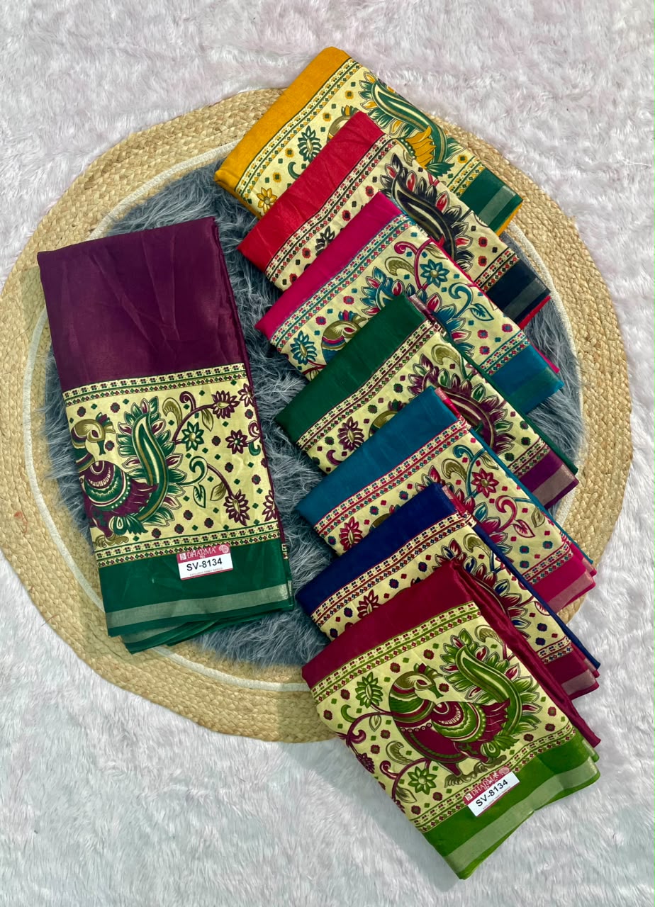 SV-8134 MAL COTTON FABRIC SAREE WITH BEAUTIFUL DESIGN WIITH GRAND PALLU DESIGN WITH BEAUTIFUL PEACOCK DESIGN ON SAREE WITH BLOUSE