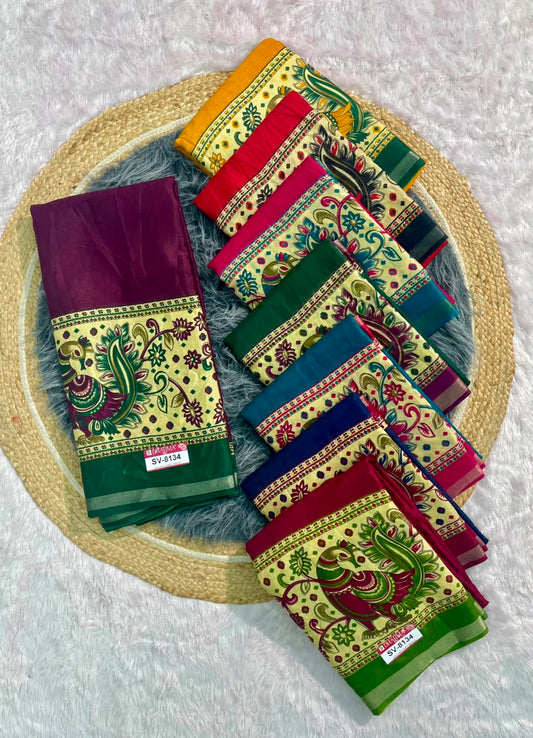 SV-8134 MAL COTTON FABRIC SAREE WITH BEAUTIFUL DESIGN WIITH GRAND PALLU DESIGN WITH BEAUTIFUL PEACOCK DESIGN ON SAREE WITH BLOUSE