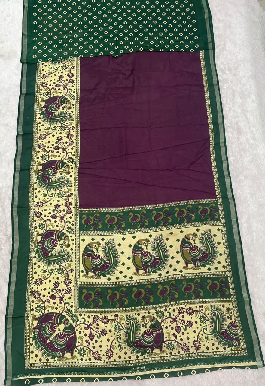 SV-8134 MAL COTTON FABRIC SAREE WITH BEAUTIFUL DESIGN WIITH GRAND PALLU DESIGN WITH BEAUTIFUL PEACOCK DESIGN ON SAREE WITH BLOUSE
