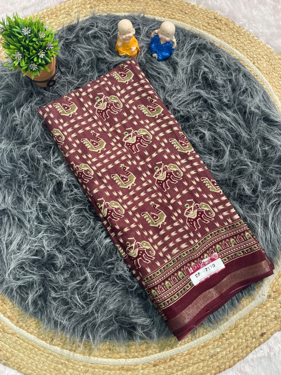 CP-7170 MAL COTTON FABRIC SAREE WITH TRIBAL-INSPIRED ELEPHANT & PEACOCK DESIGN WITH BLOUSE