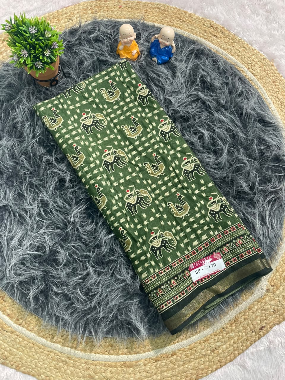 CP-7170 MAL COTTON FABRIC SAREE WITH TRIBAL-INSPIRED ELEPHANT & PEACOCK DESIGN WITH BLOUSE