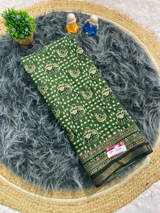CP-7170 MAL COTTON FABRIC SAREE WITH TRIBAL-INSPIRED ELEPHANT & PEACOCK DESIGN WITH BLOUSE