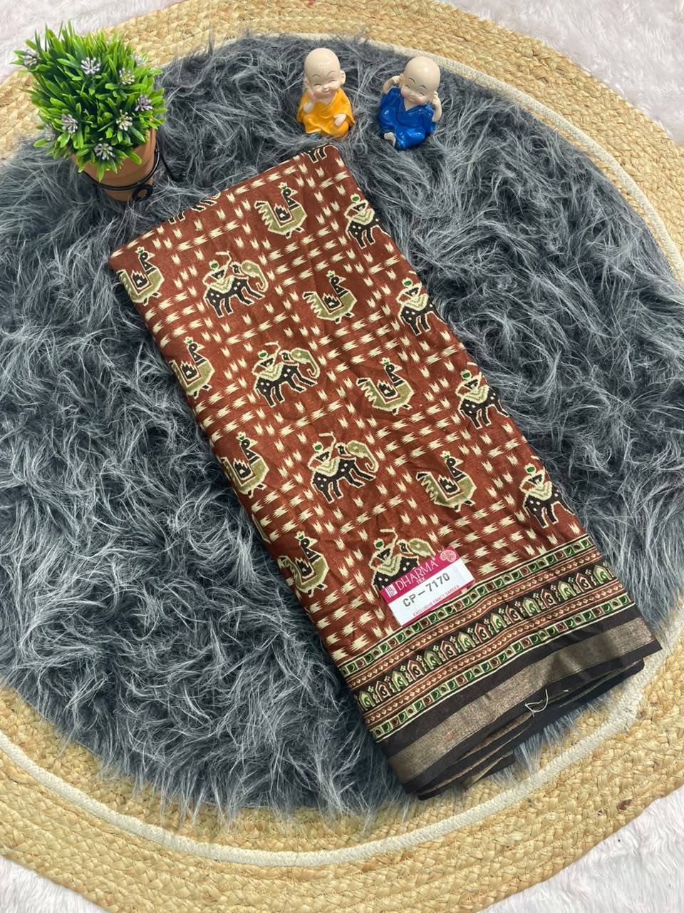 CP-7170 MAL COTTON FABRIC SAREE WITH TRIBAL-INSPIRED ELEPHANT & PEACOCK DESIGN WITH BLOUSE