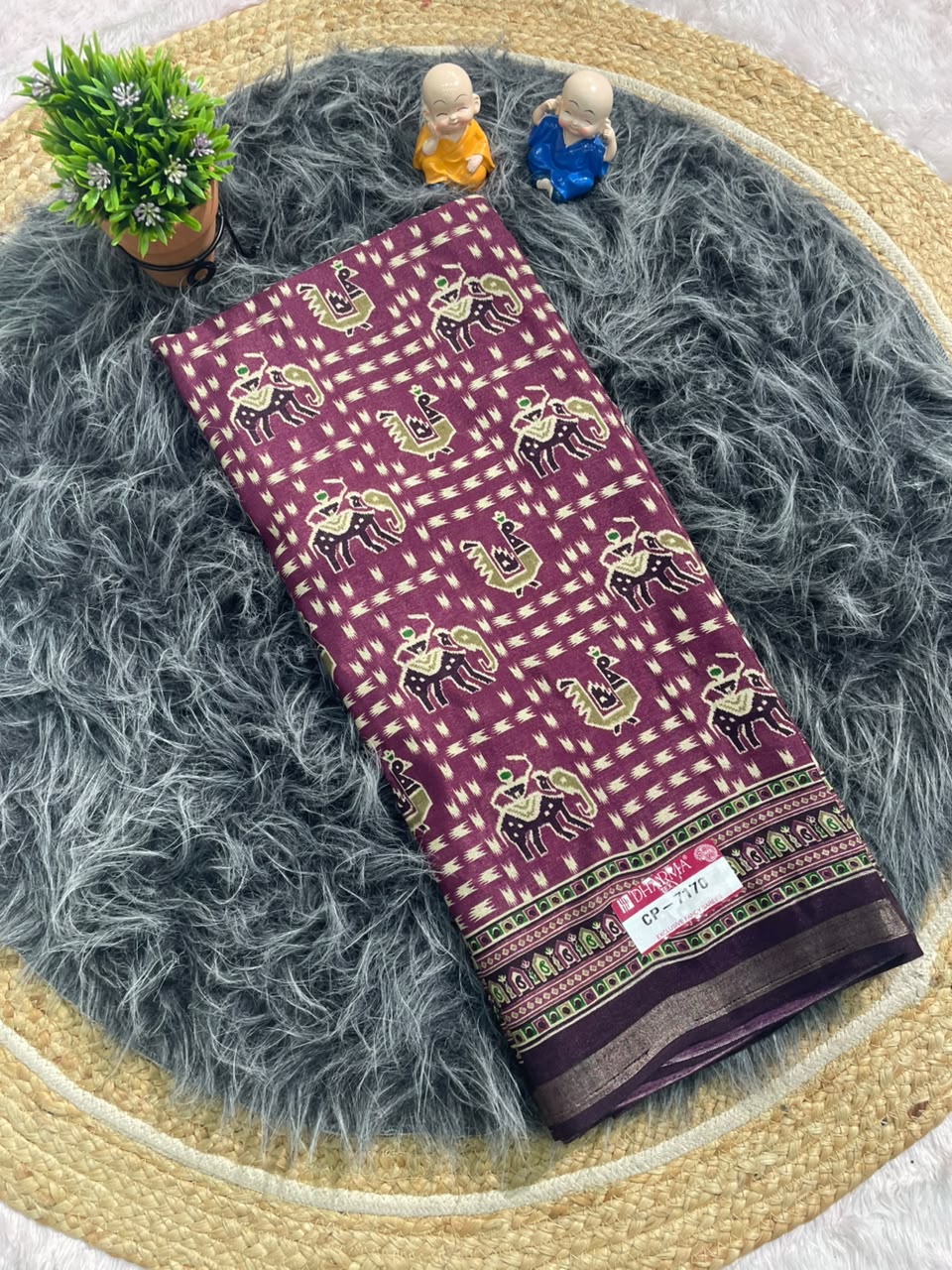 CP-7170 MAL COTTON FABRIC SAREE WITH TRIBAL-INSPIRED ELEPHANT & PEACOCK DESIGN WITH BLOUSE