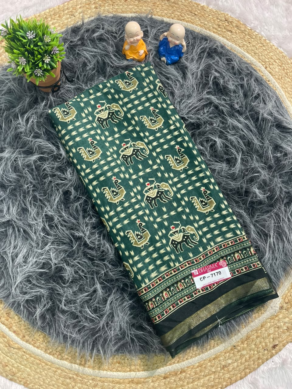CP-7170 MAL COTTON FABRIC SAREE WITH TRIBAL-INSPIRED ELEPHANT & PEACOCK DESIGN WITH BLOUSE