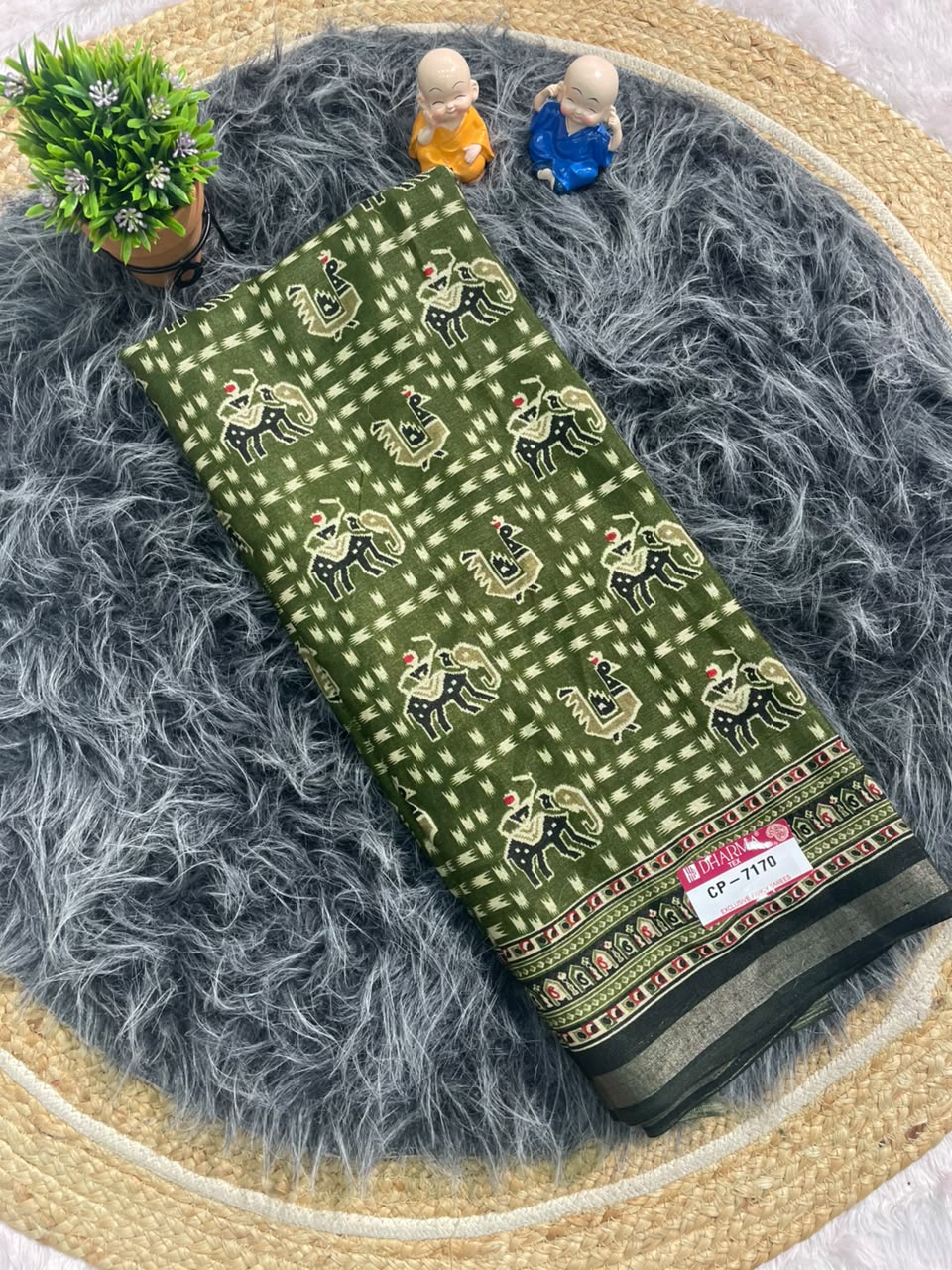 CP-7170 MAL COTTON FABRIC SAREE WITH TRIBAL-INSPIRED ELEPHANT & PEACOCK DESIGN WITH BLOUSE