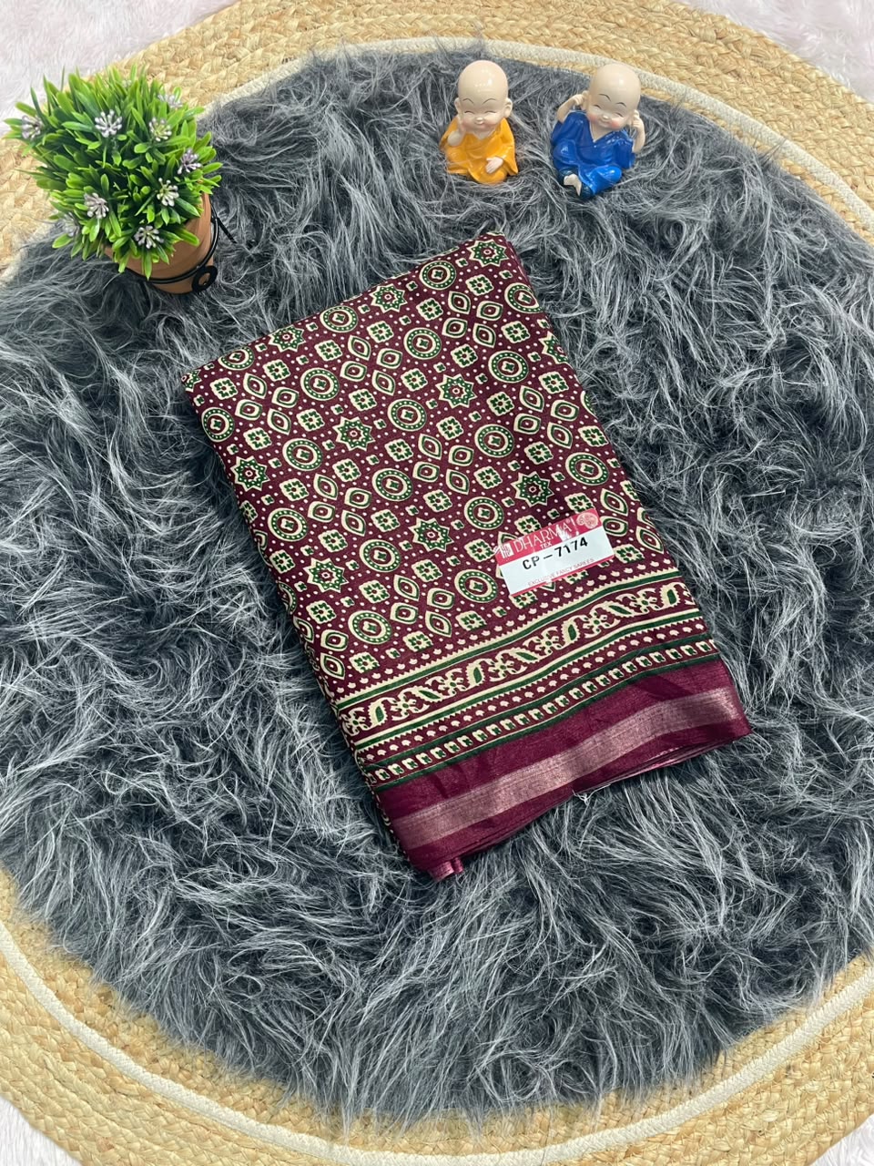 CP-7174 MAL COTTON FABRIC SAREE WITH RICH PALLU DESIGN WITH BEAUTIFUL AJRAKH PRINT ALL OVER ON SAREE WITH BLOUSE